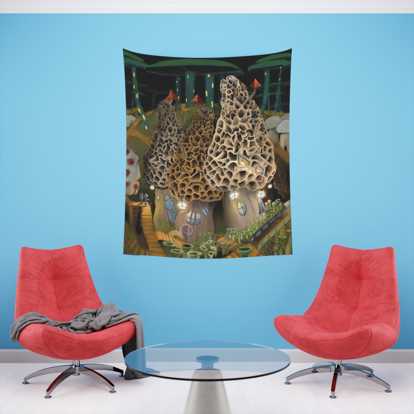 Mushroom City Outskirts Printed Wall Tapestry