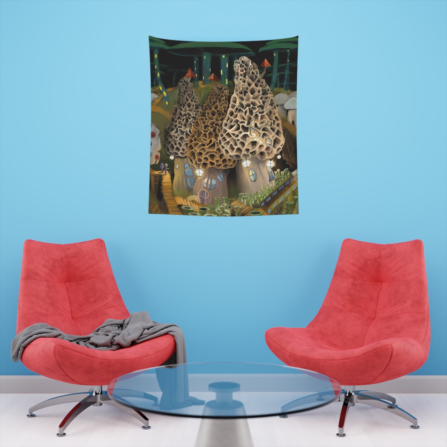 Mushroom City Outskirts Printed Wall Tapestry
