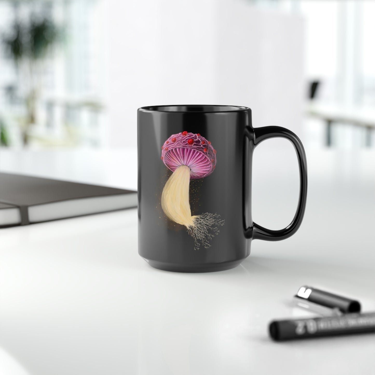 Mushroom With Spores Black Mug, 15oz