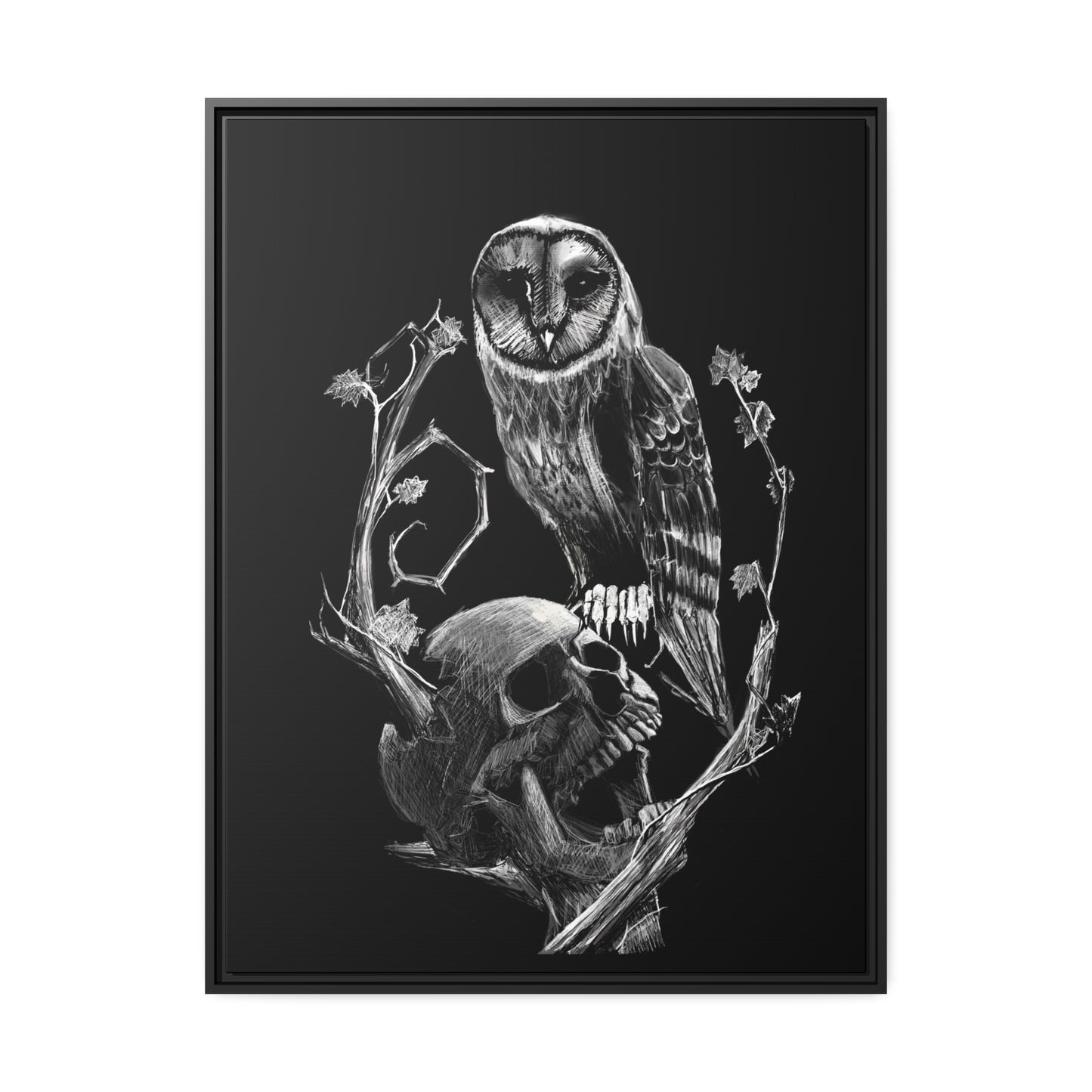 Skull and Owl Matte Canvas, Black Frame