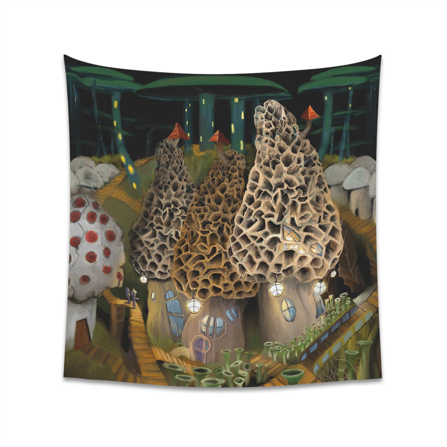 Mushroom City Outskirts Printed Wall Tapestry