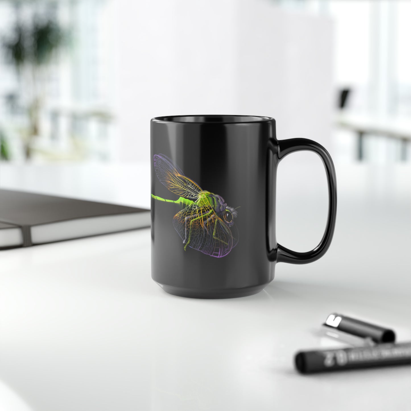 Dragonfly Black Mug, 15oz