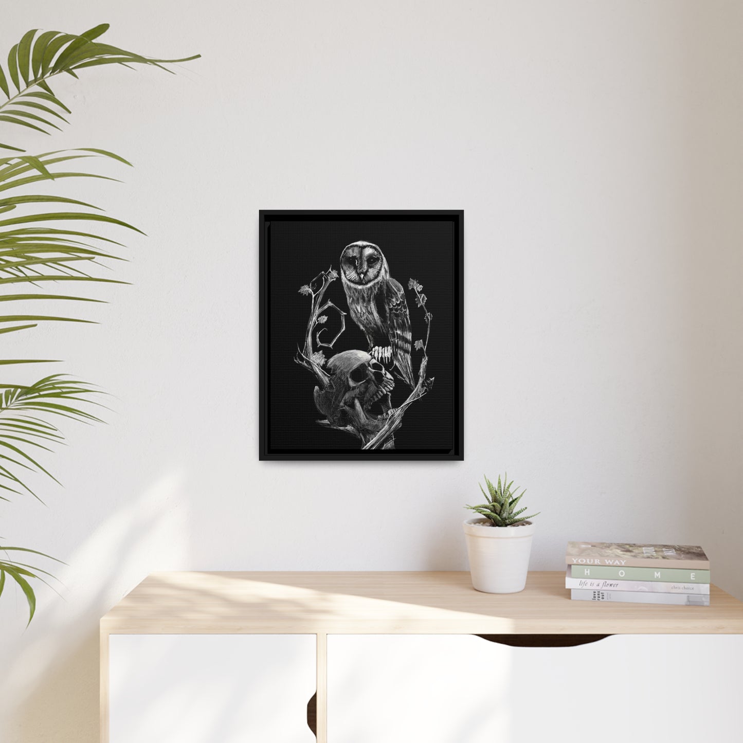 Skull and Owl Matte Canvas, Black Frame