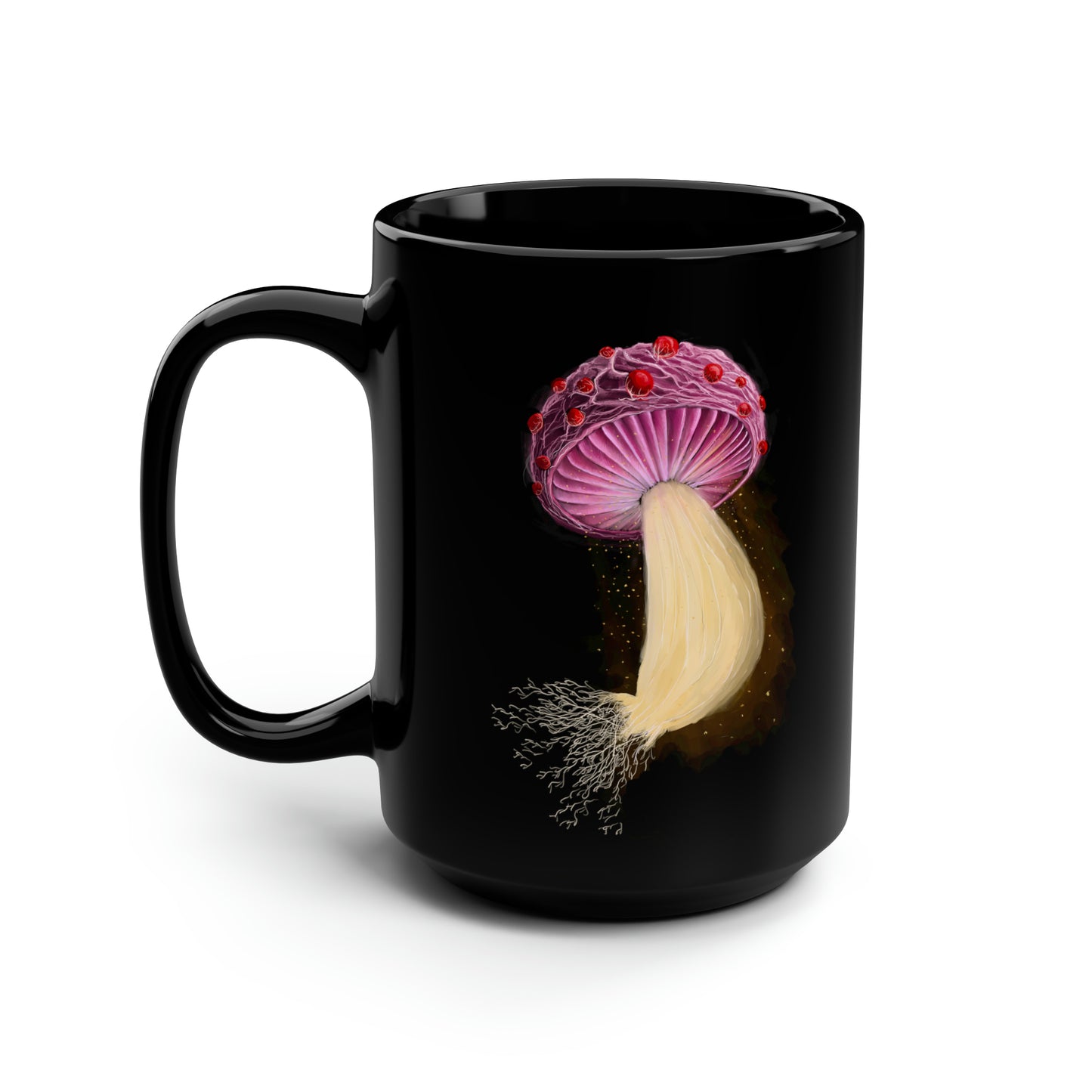 Mushroom With Spores Black Mug, 15oz