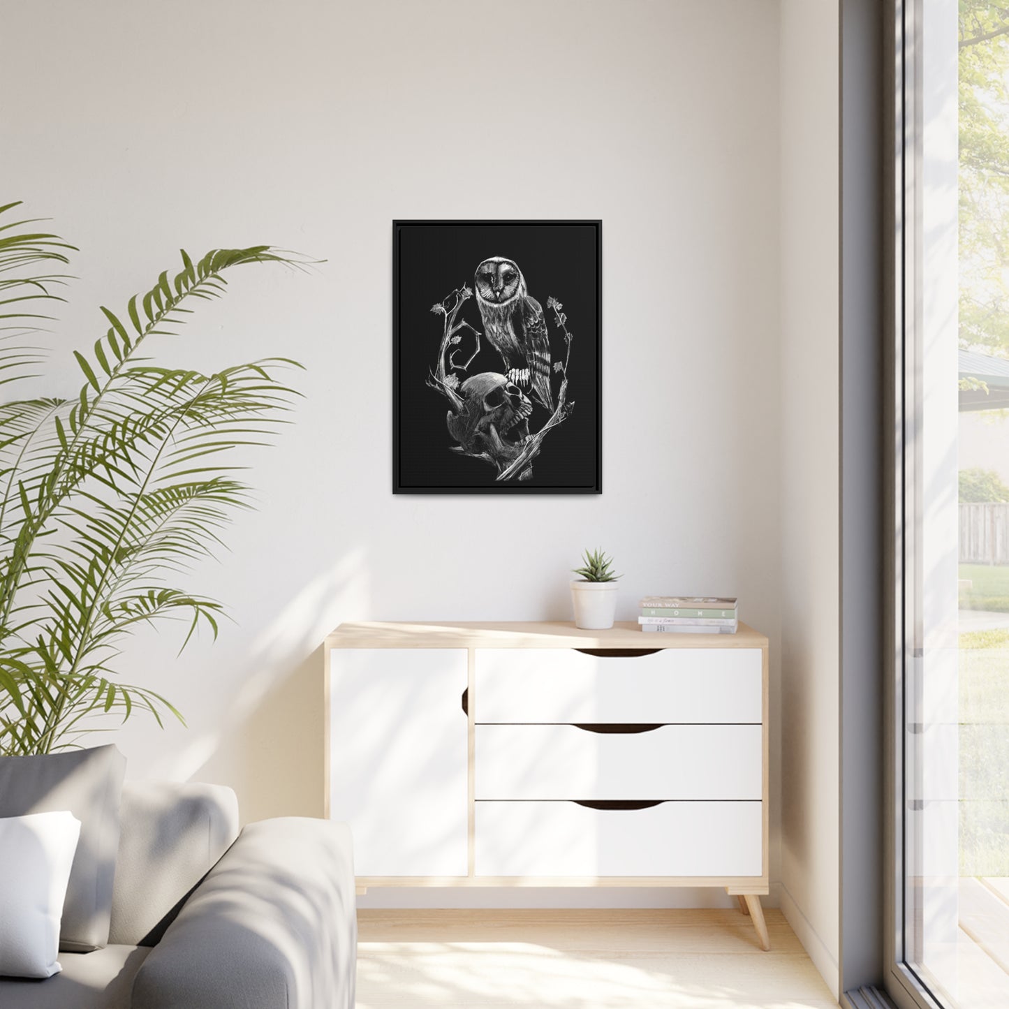 Skull and Owl Matte Canvas, Black Frame