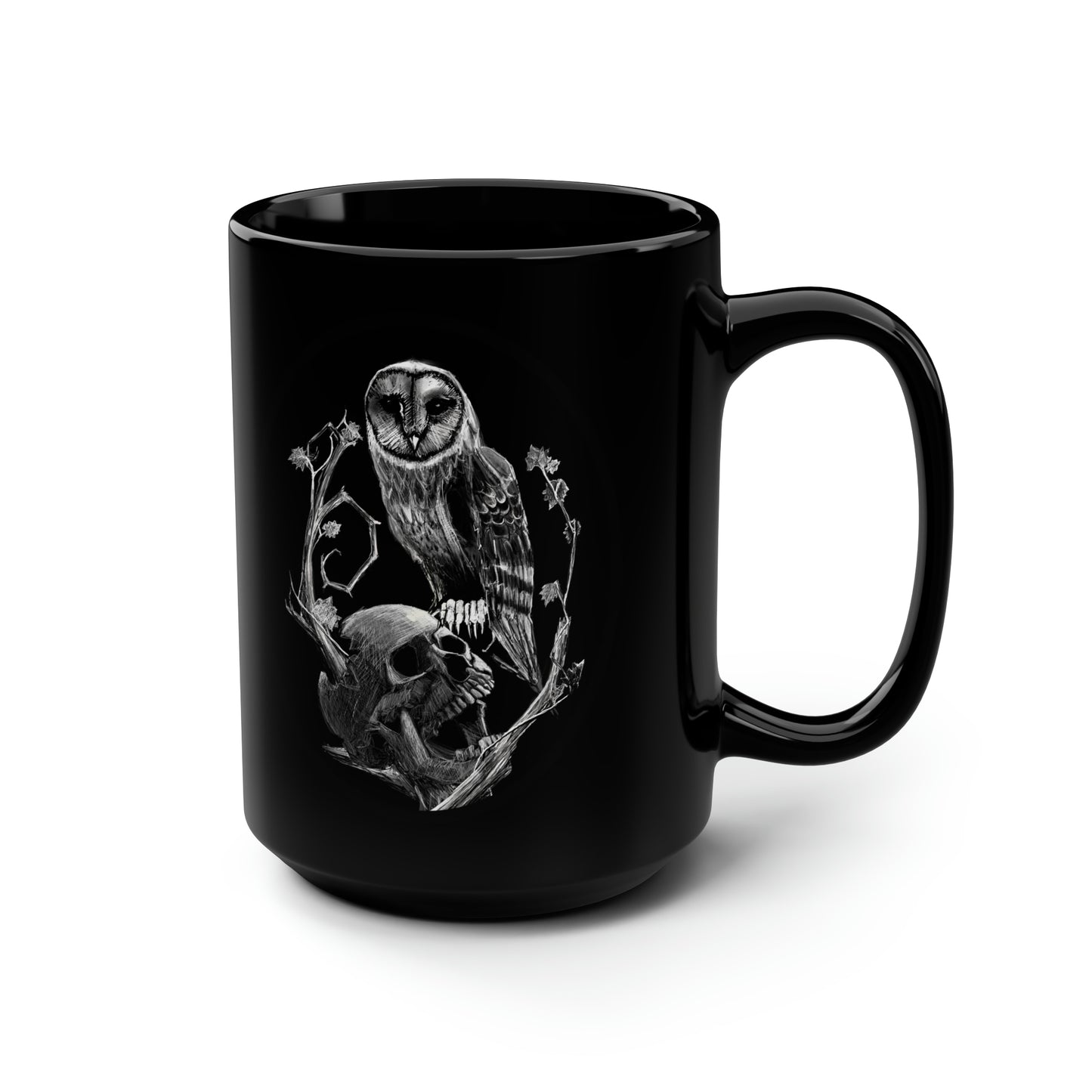 Skull and Owl Black Mug, 15oz