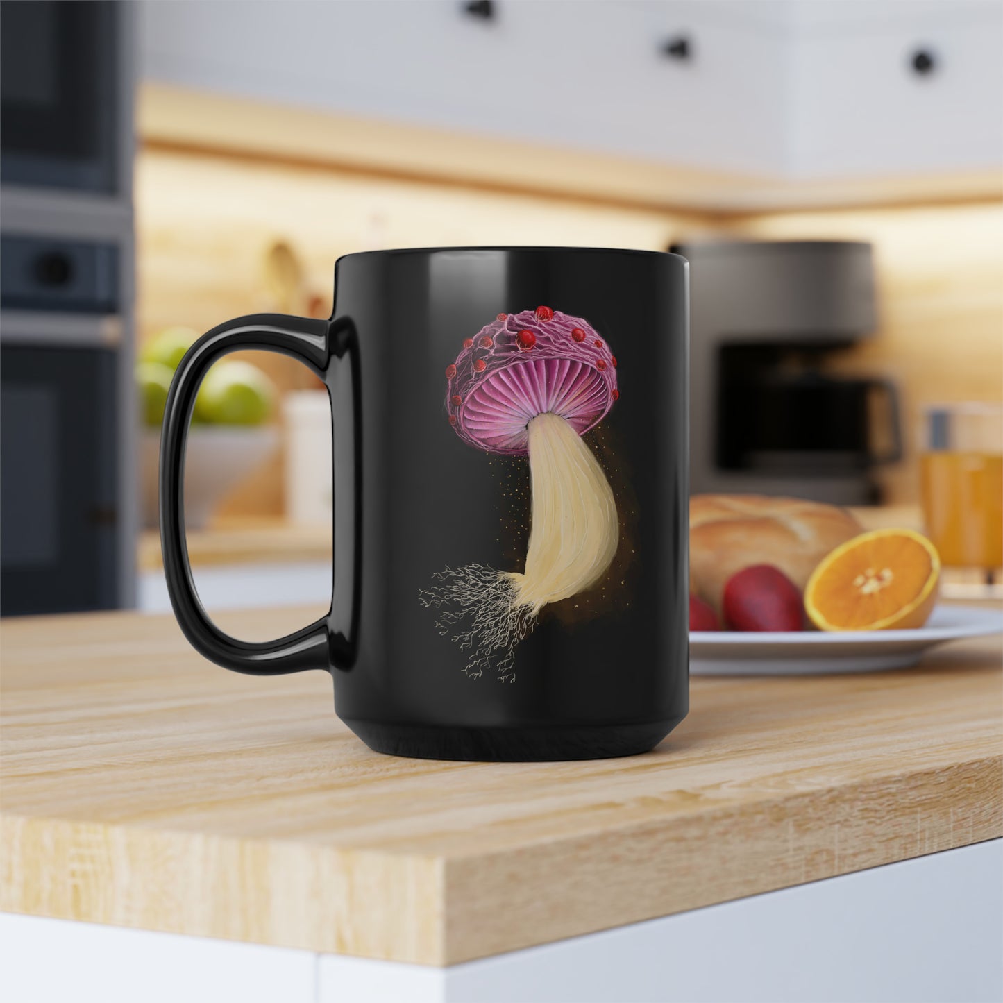 Mushroom With Spores Black Mug, 15oz
