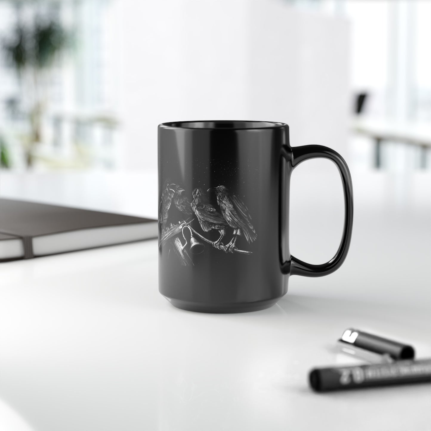 Ravens Muse at the Stars Black Mug