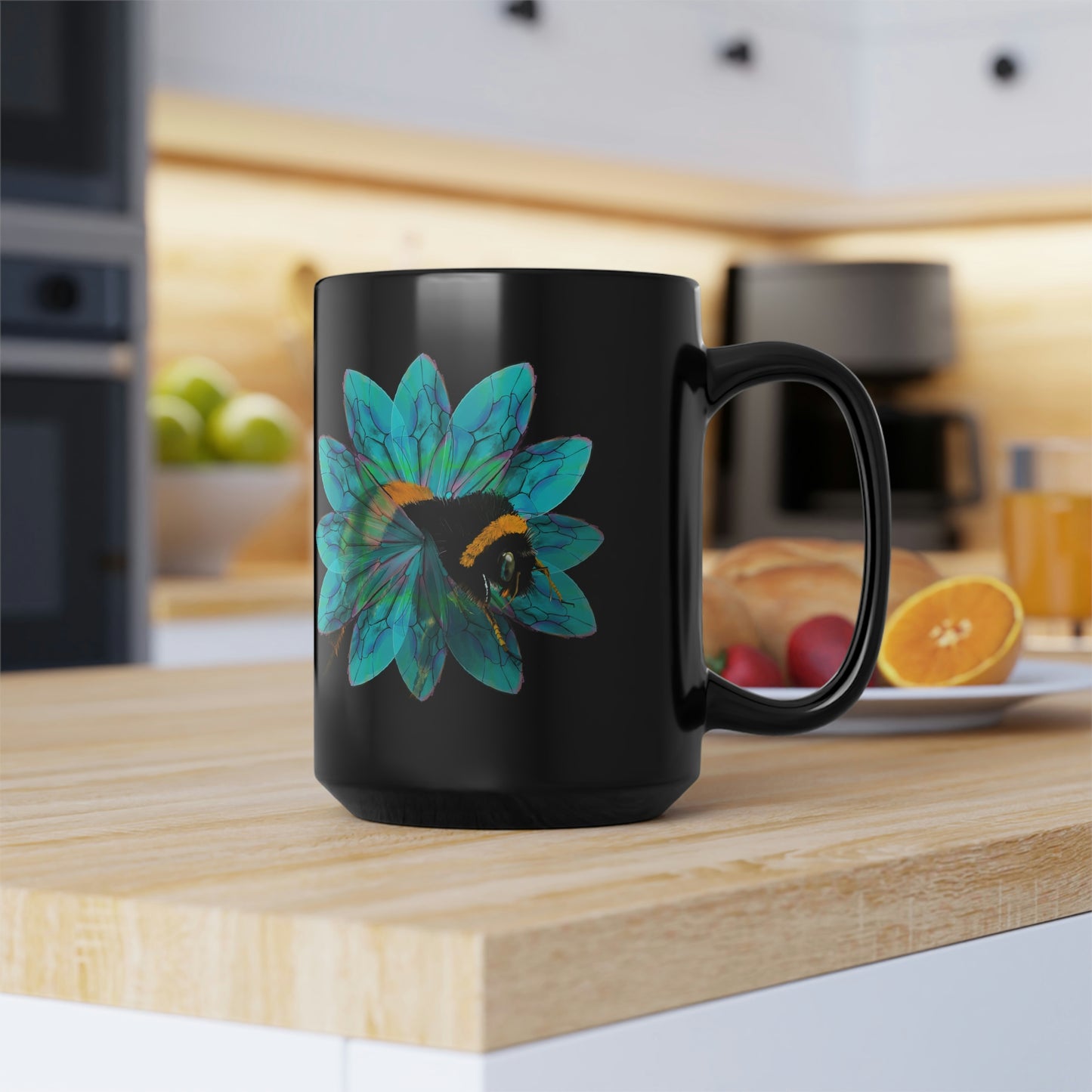 Bee in the Flower Black Mug, 15oz
