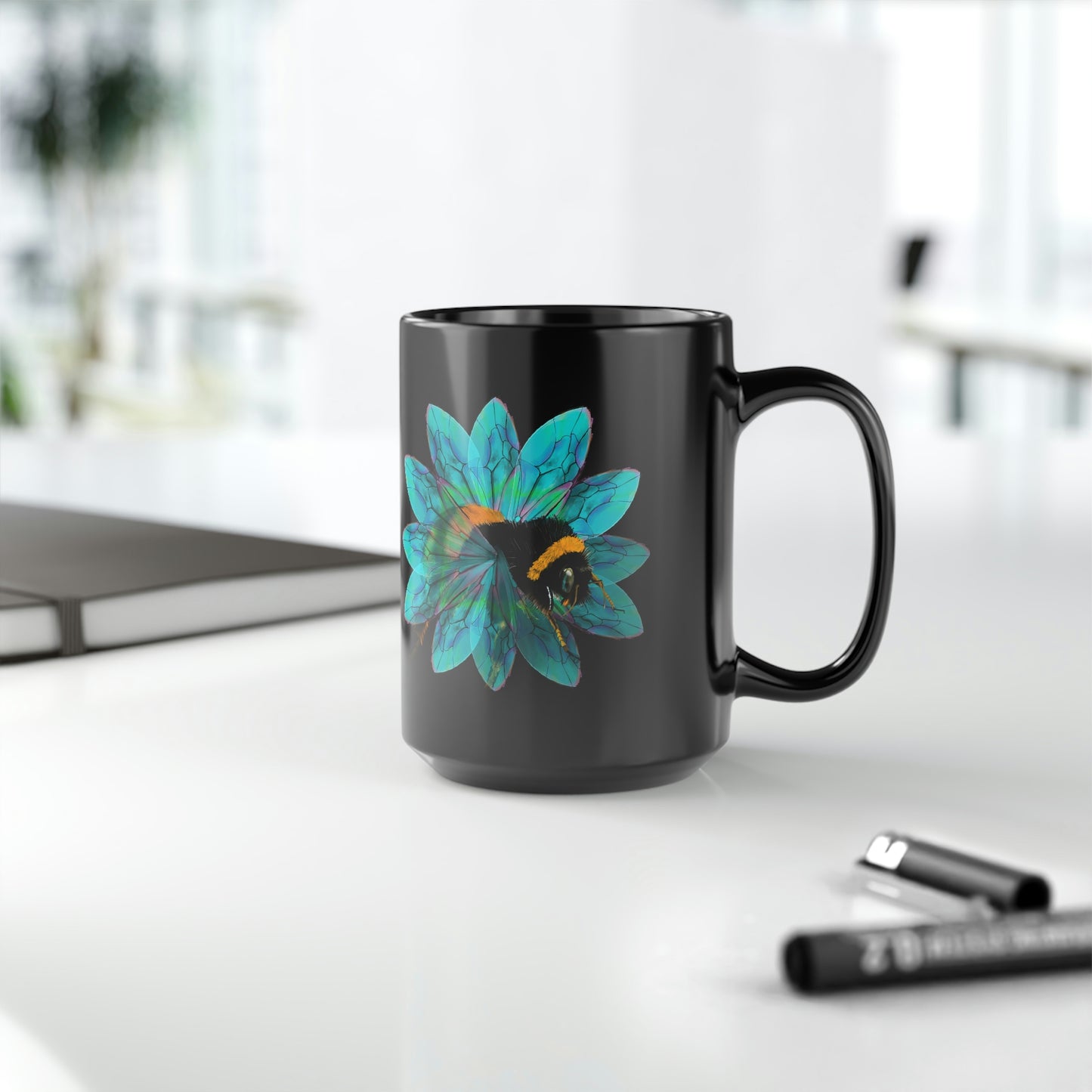 Bee in the Flower Black Mug, 15oz
