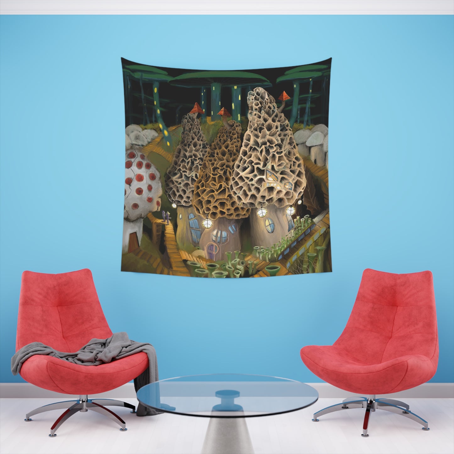 Mushroom City Outskirts Printed Wall Tapestry