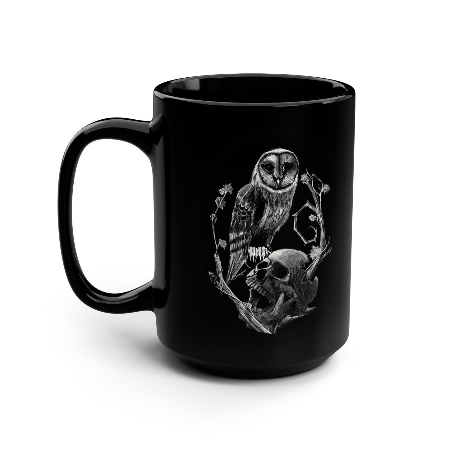 Skull and Owl Black Mug, 15oz