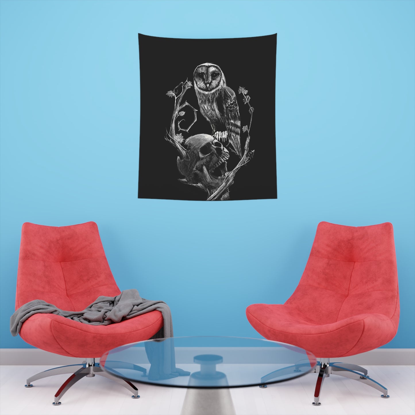 Skull and Owl Printed Wall Tapestry