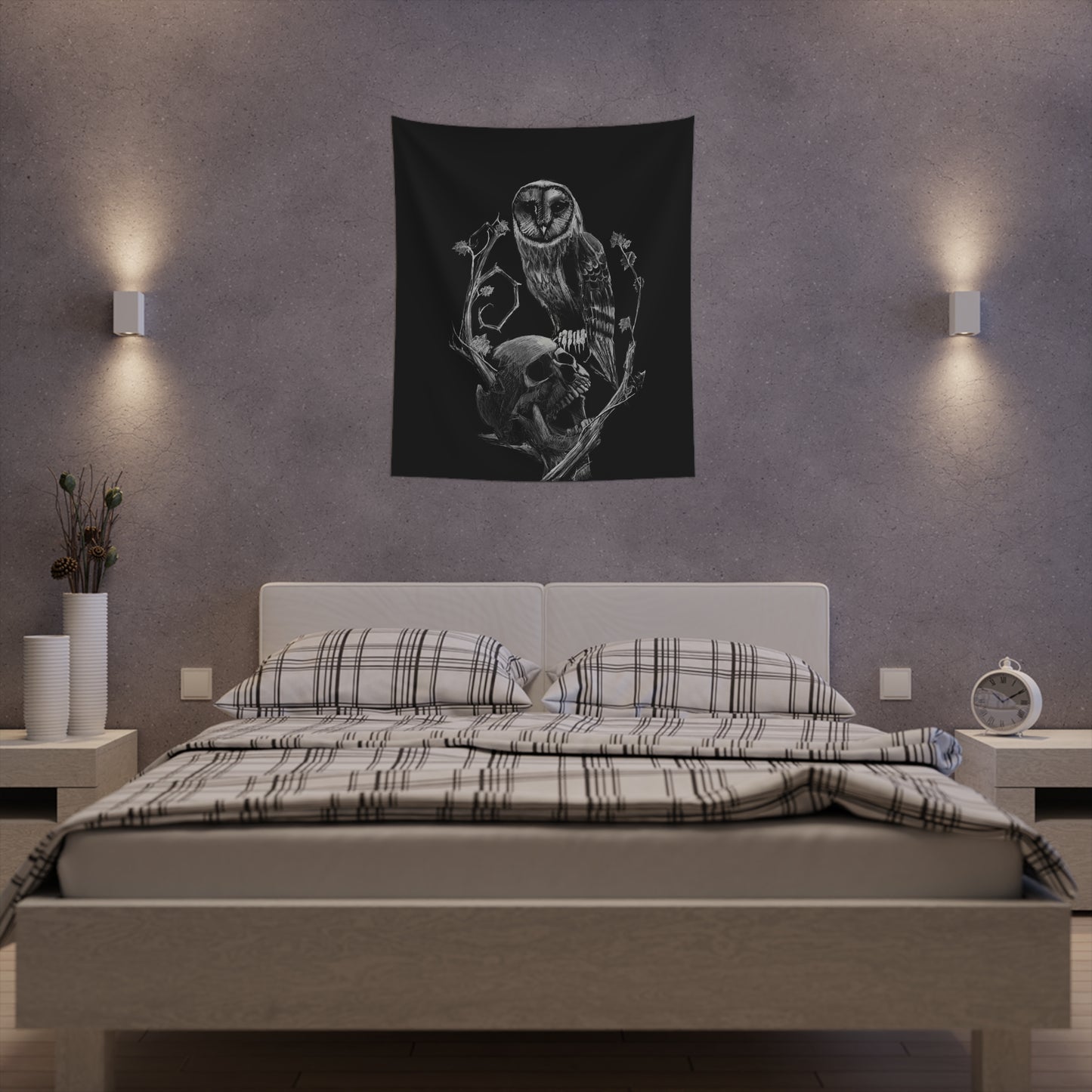 Skull and Owl Printed Wall Tapestry
